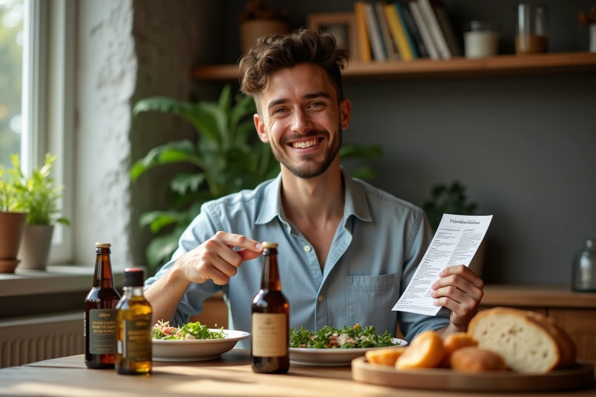 Jeune homme montre deux vinaigres sur une table de repas