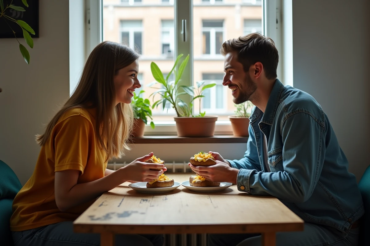Jeunes partageant pommes de terre au diner urbain