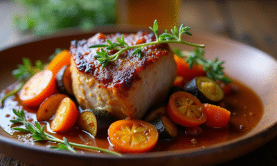 Joue de porc braisée à la bière servie sur une assiette en bois rustique