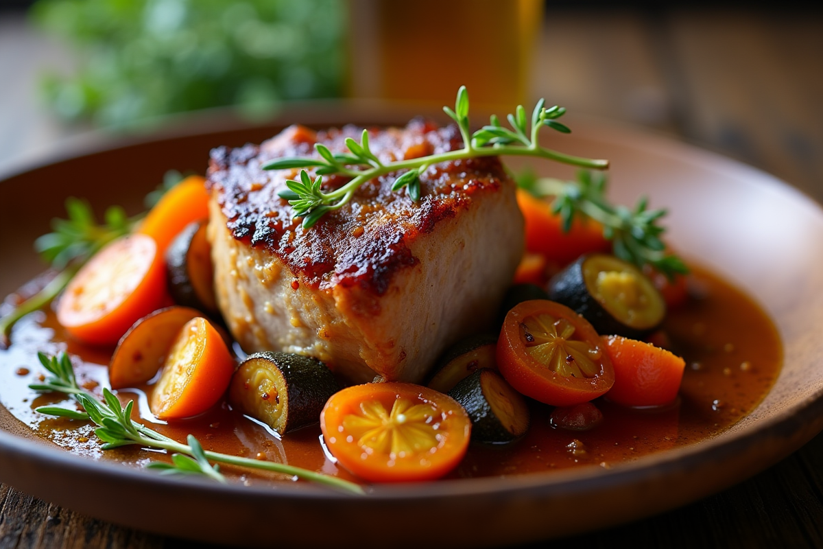 Joue de porc braisée à la bière servie sur une assiette en bois rustique