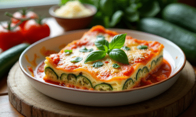Lasagne de courgettes tranchée dans un plat blanc avec basilic frais