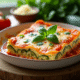 Lasagne de courgettes tranchée dans un plat blanc avec basilic frais