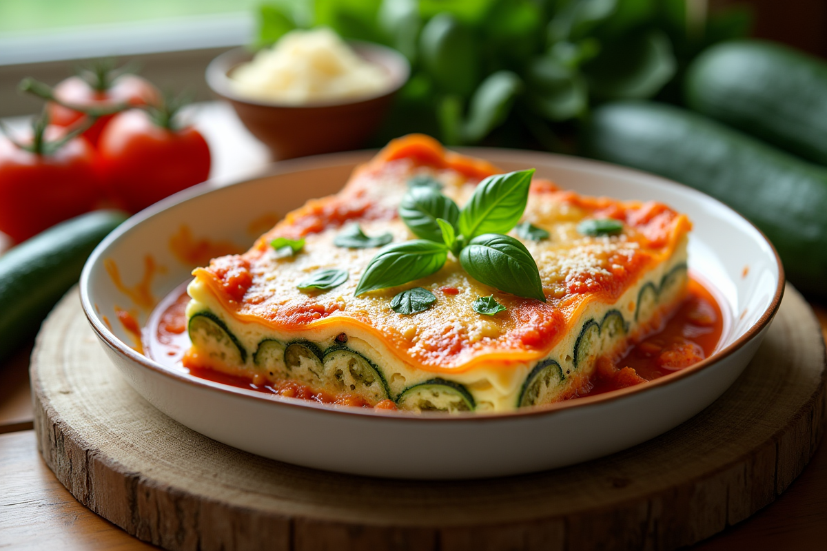 Lasagne de courgettes tranchée dans un plat blanc avec basilic frais
