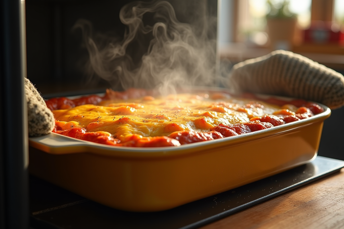 Lasagne de courgettes dorée sortie du four avec fromage croustillant