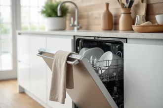 Lave-vaisselle encastrable silencieux Valberg intégré dans une cuisine moderne blanche avec façade inox