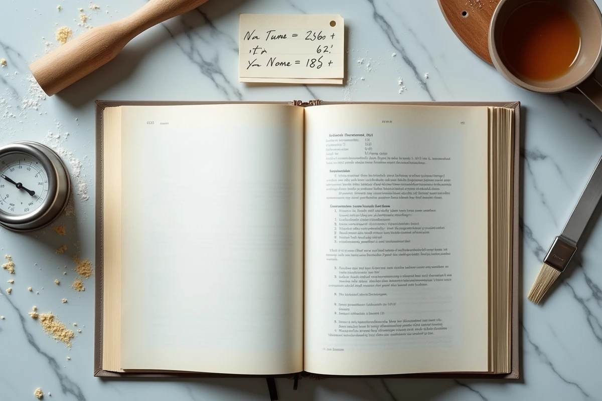 Vue aérienne d'un livre de recettes ouvert avec un thermomètre de four à 180 degrés et un tableau de conversion thermostat