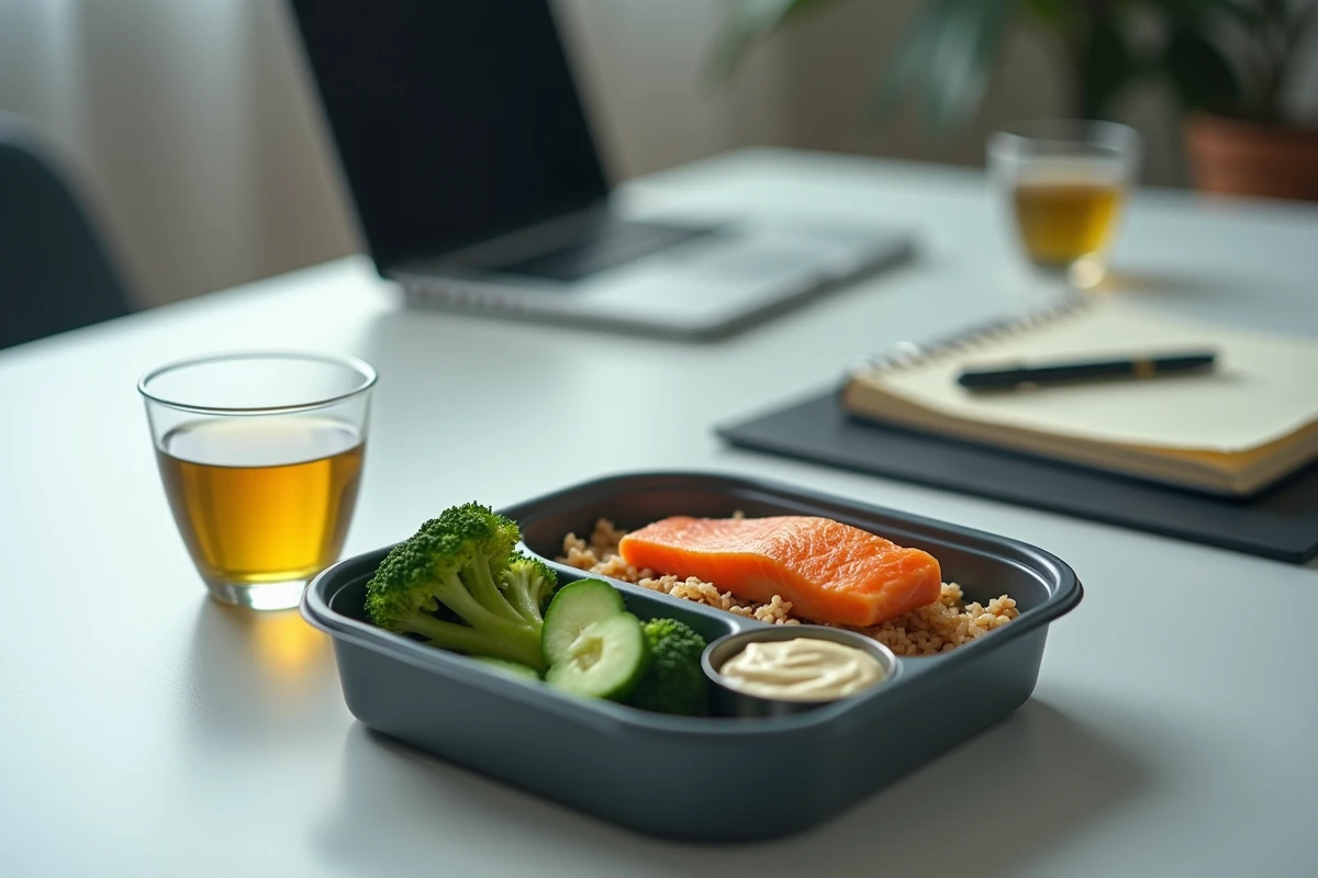 Lunch box équilibrée au bureau avec riz complet, saumon, brocolis et houmous pour éviter le coup de barre