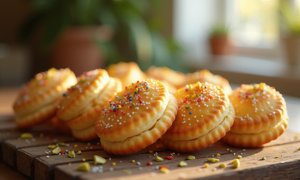 Gros plan sur des madeleines dorées sur une table en bois