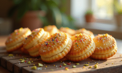 Gros plan sur des madeleines dorées sur une table en bois