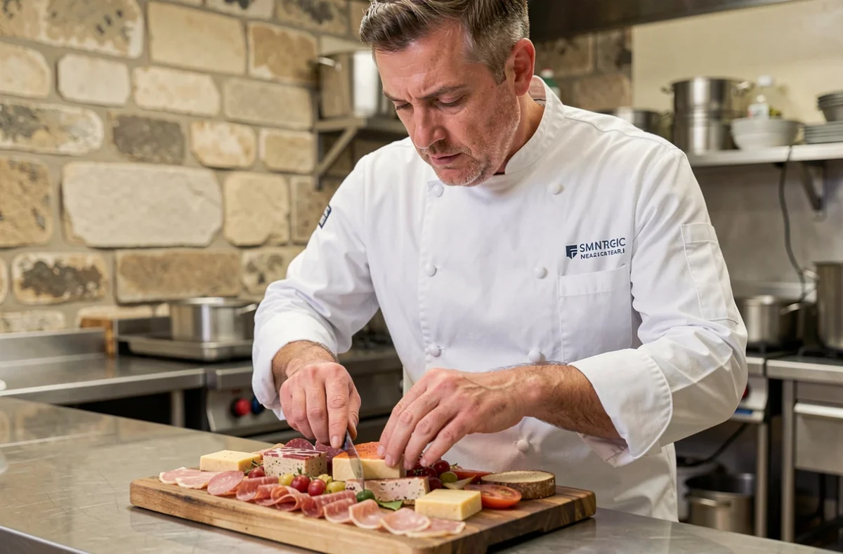 Chef traiteur de la Maison Evrard en toque blanche dressant un plateau de charcuteries et terrines dans une cuisine professionnelle