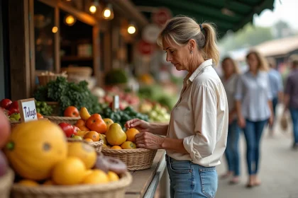 Femme inspectant un fruit rare au marché français