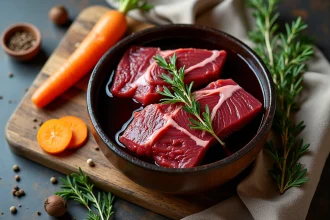 Chevreuil cru marinant dans du vin rouge avec herbes aromatiques et épices dans un bol en céramique, vue de dessus