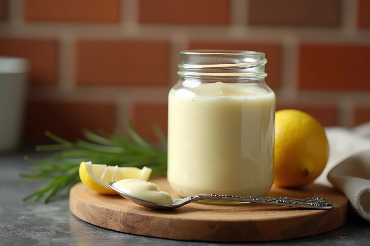 Pot en verre de mayonnaise maison crémeuse posé sur une planche en bois rustique avec une cuillère et un citron coupé en deux