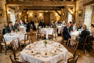 Vue d'ensemble d'une salle de restaurant gastronomique normand avec tables dressées, vaisselle raffinée et murs en pierre apparente