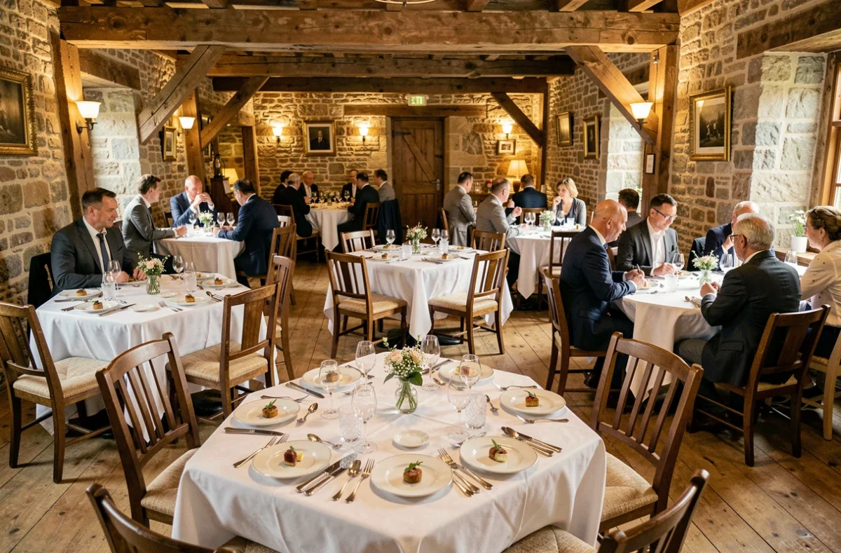 Vue d'ensemble d'une salle de restaurant gastronomique normand avec tables dressées, vaisselle raffinée et murs en pierre apparente