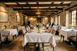 Vue panoramique d'une salle de restaurant typique du Pas-de-Calais avec poutres en bois, nappes blanches et ambiance chaleureuse