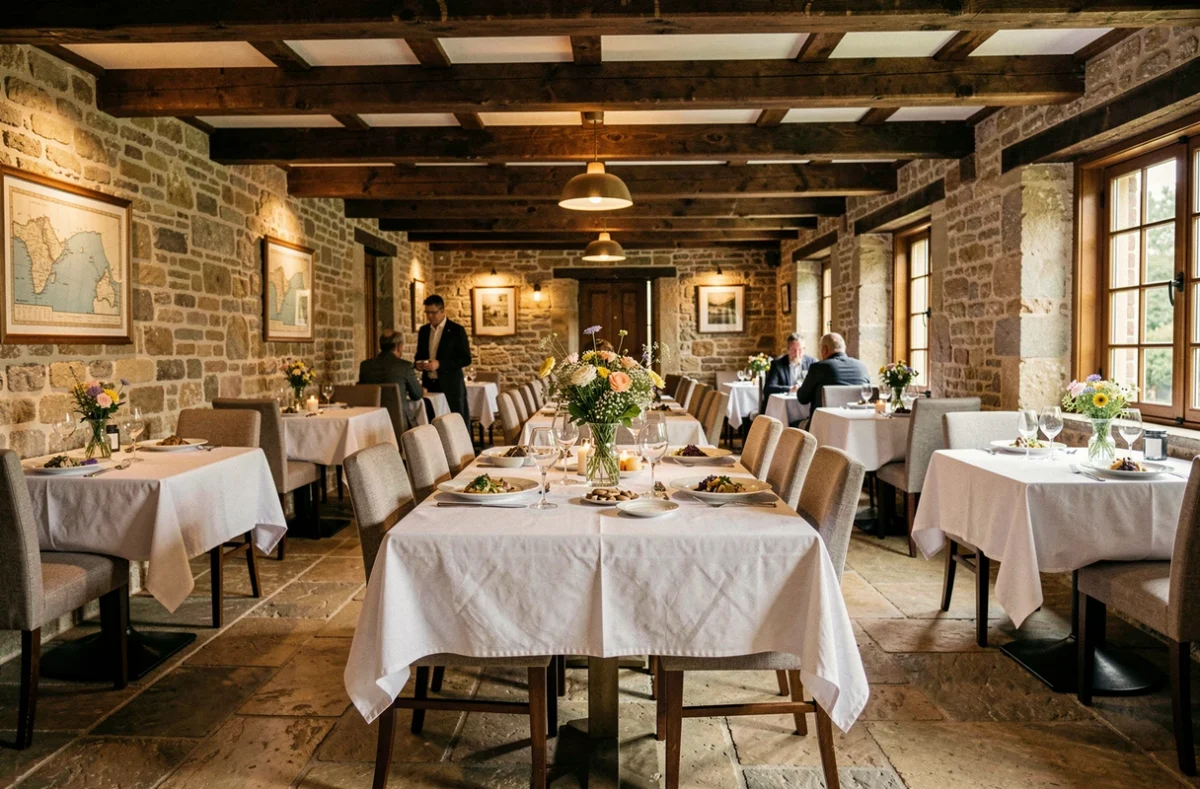 Vue panoramique d'une salle de restaurant typique du Pas-de-Calais avec poutres en bois, nappes blanches et ambiance chaleureuse