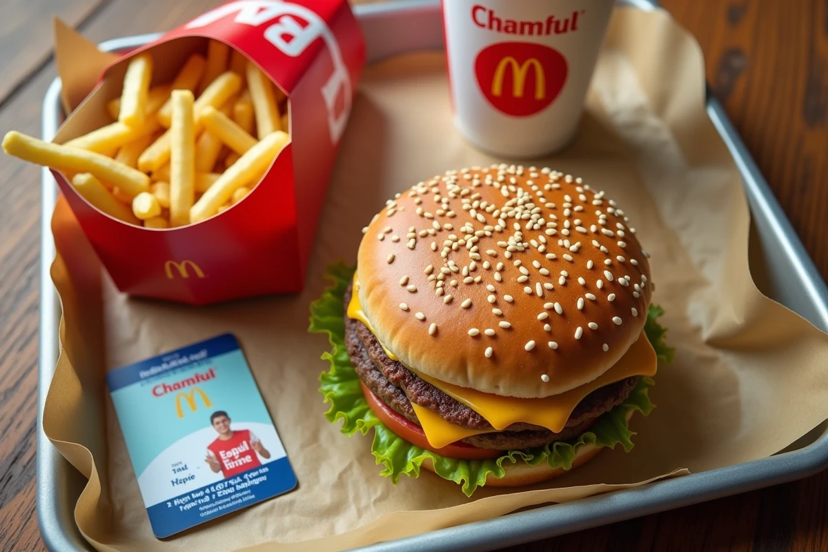 Vue du dessus d'un menu Big Mac McDonald's avec carte étudiant et coupon de réduction posés sur le plateau