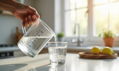Verre d'eau avec mesure de 30 ml et 3 cl dans une cuisine lumineuse