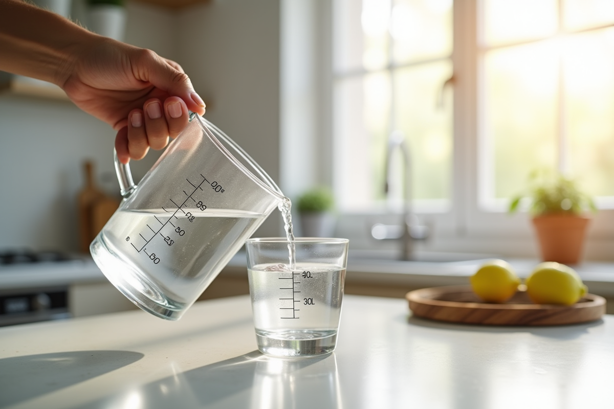 Verre d'eau avec mesure de 30 ml et 3 cl dans une cuisine lumineuse