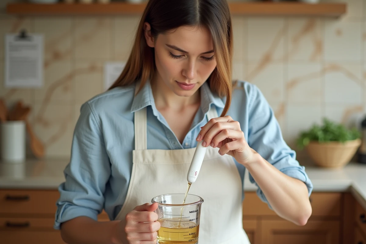Femme mesurant précisément des millilitres dans un verre doseur gradué dans une cuisine moderne