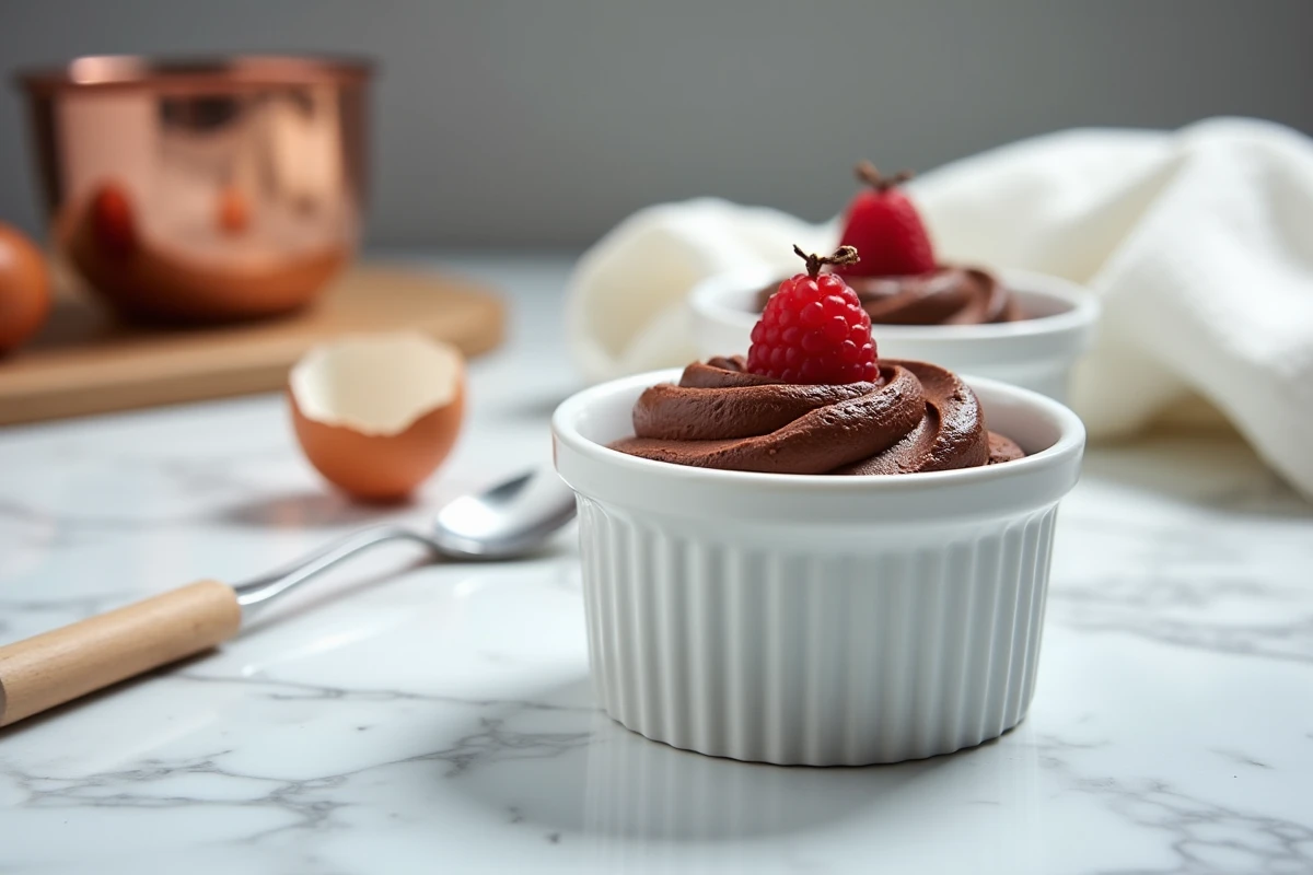 Deux mousses au chocolat maison dans des ramequins en porcelaine blanche sur un plan de travail en marbre avec copeaux de chocolat et framboises fraîches
