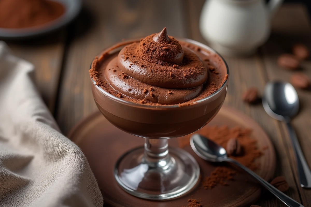 Mousse au chocolat en verrine avec texture aérienne et saupoudrage de cacao, présentée sur une table en bois rustique avec une cuillère en argent