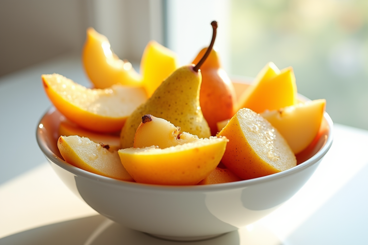 Tranches de nectarines et nashi dans un bol sur fond blanc