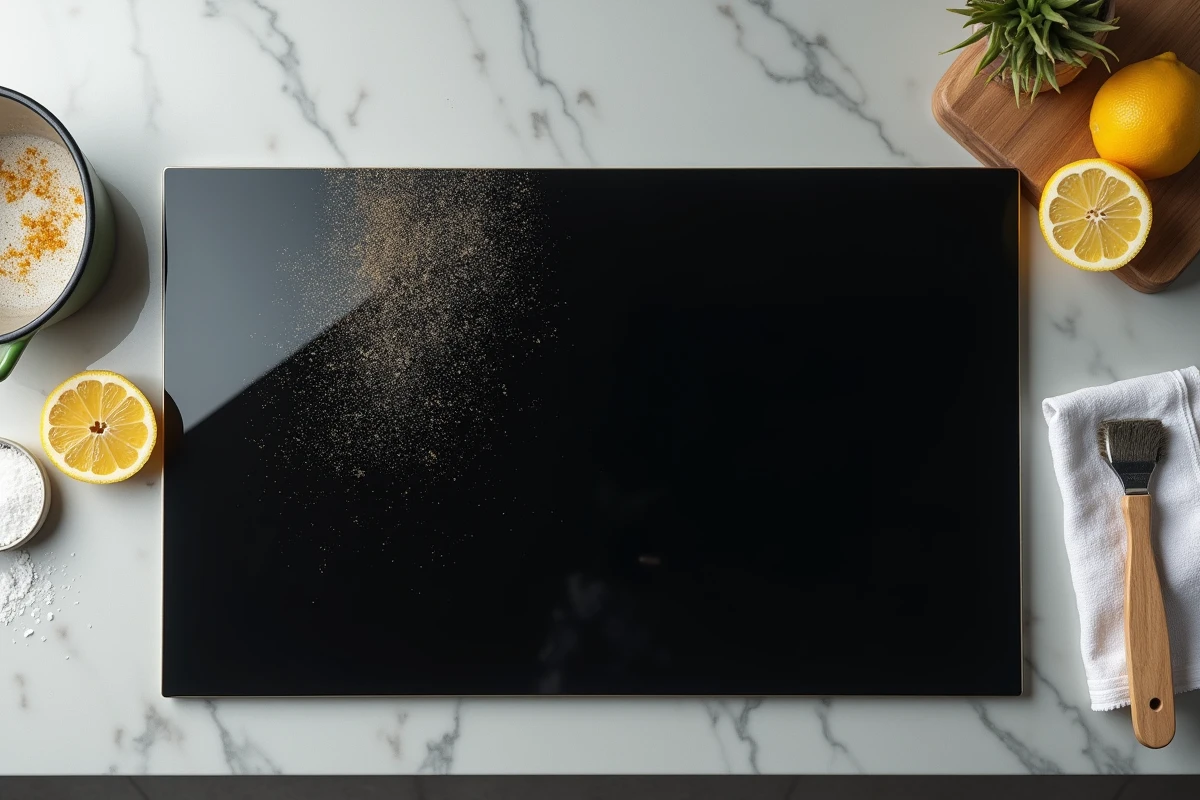 Vue de dessus d'une plaque vitrocéramique en cours de nettoyage naturel avec du citron et du sel sans produits chimiques