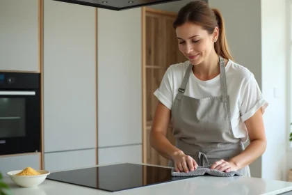 Femme nettoyant une plaque vitrocéramique noire avec du bicarbonate de soude et un chiffon microfibre sans produit chimique agressif