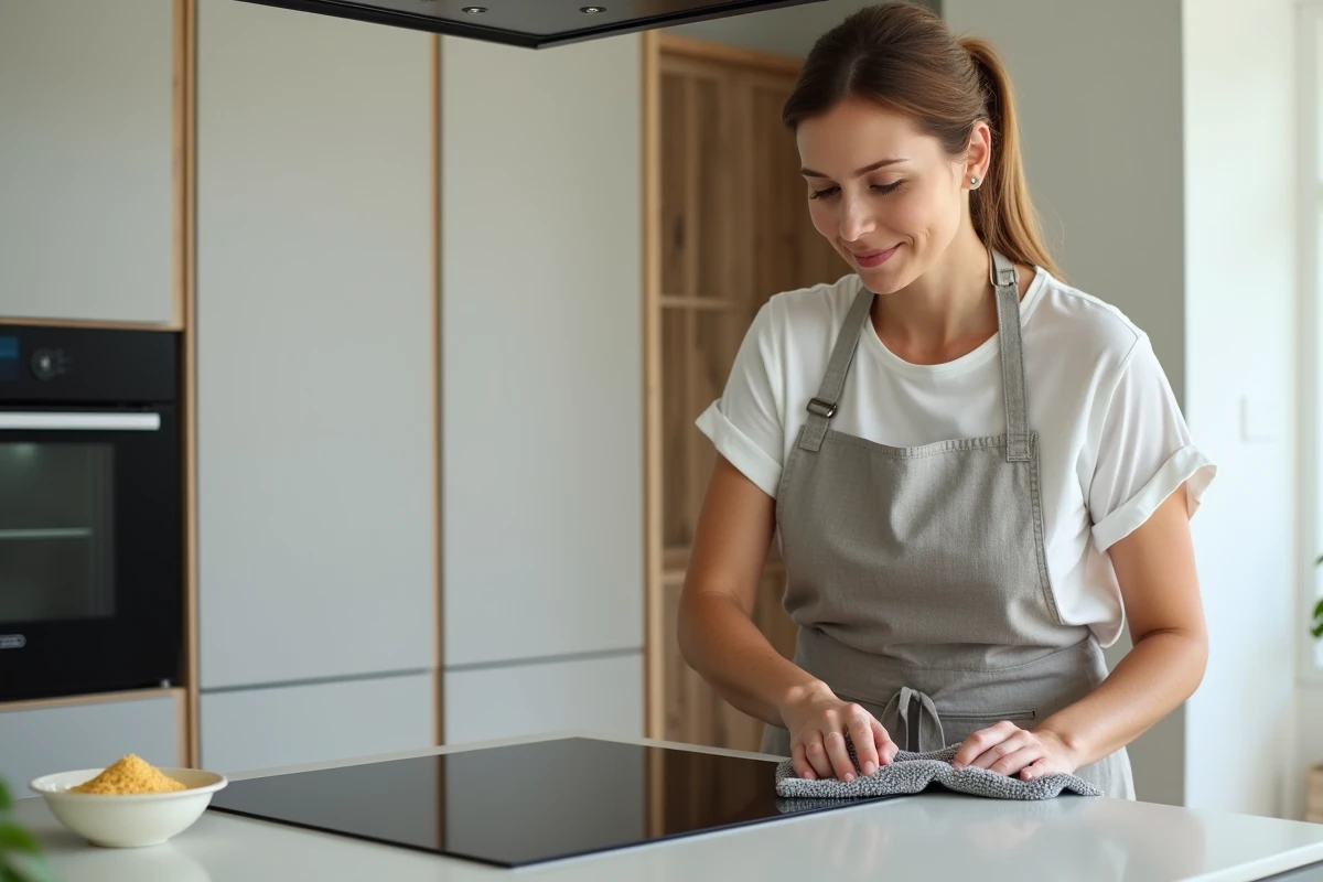 Femme nettoyant une plaque vitrocéramique noire avec du bicarbonate de soude et un chiffon microfibre sans produit chimique agressif