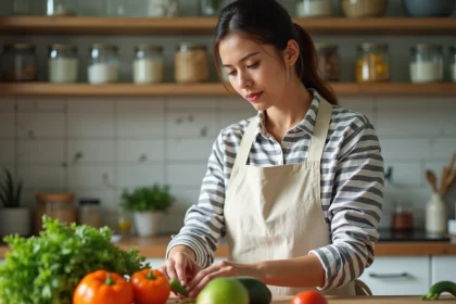 Femme organisant ses menus avec des produits déstockés dans une cuisine moderne et écologique