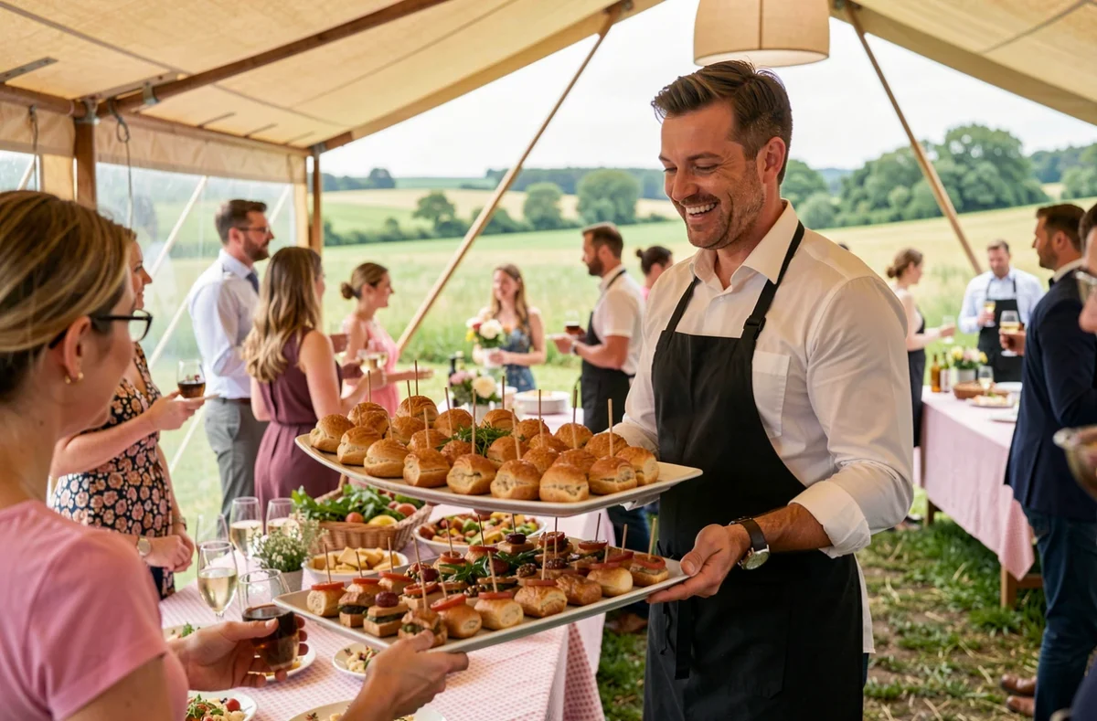 Serveur d'Oscar Traiteur présentant un plateau de vol-au-vents et canapés lors d'un événement en plein air dans les Hauts-de-France