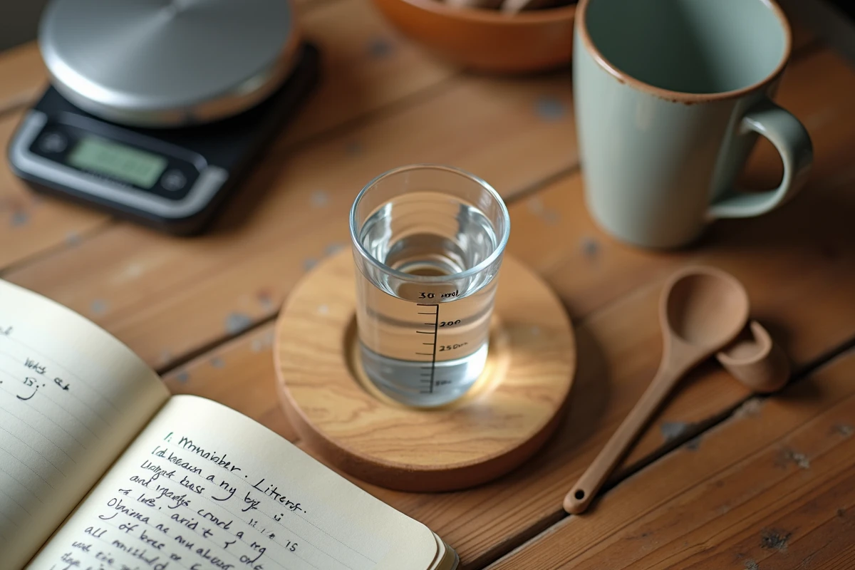 Vue de dessus d'un cylindre gradué à 250ml, d'un carnet de conversion et d'outils de mesure sur une table en bois