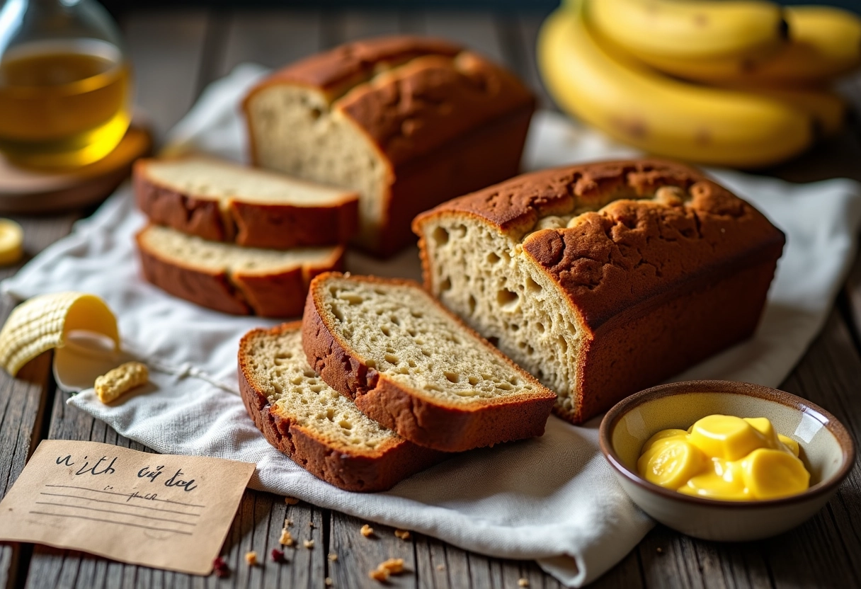 Pain banane coupé sur toile de lin avec huile et beurre