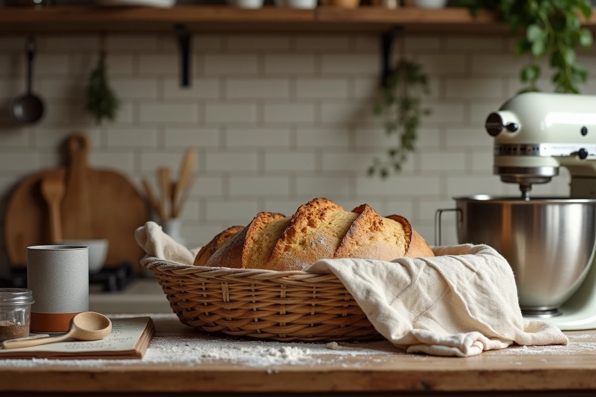 Pain façonné en banneton à côté d'un robot pâtissier dans une cuisine rustique avec matériel de boulangerie artisanale