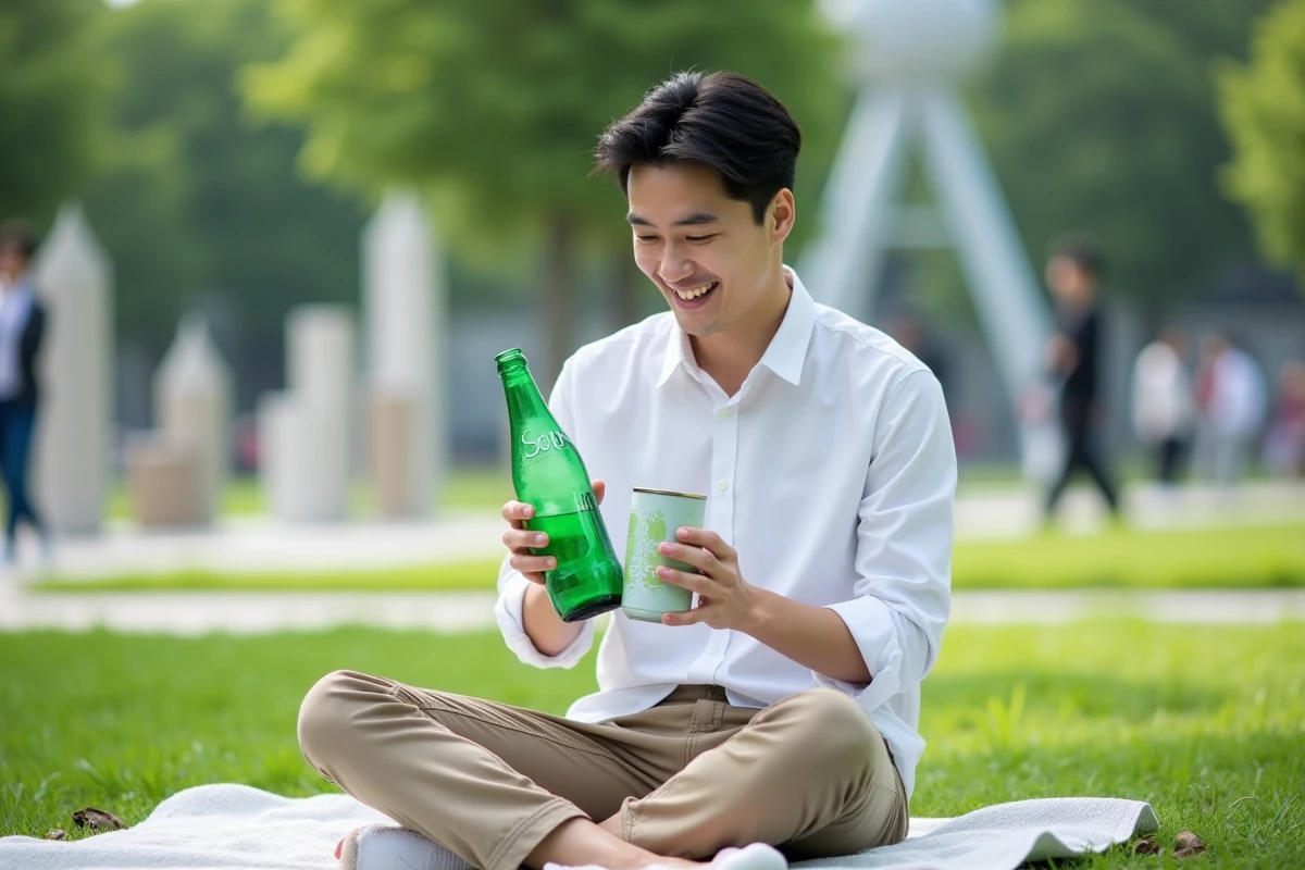 Jeune homme dans un parc urbain tient une bouteille de soju verte