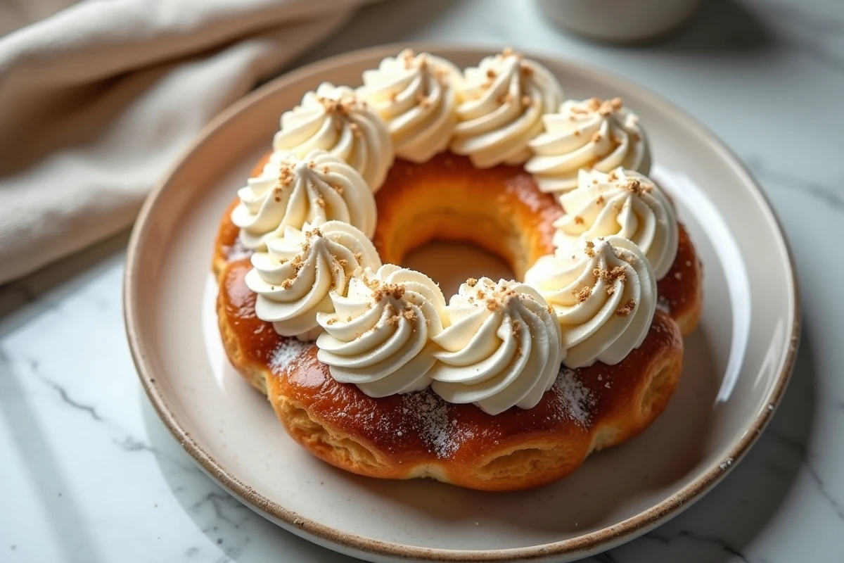 Paris-Brest tranché révélant une crème mousseline praliné légère et aérienne, vue de dessus sur marbre blanc