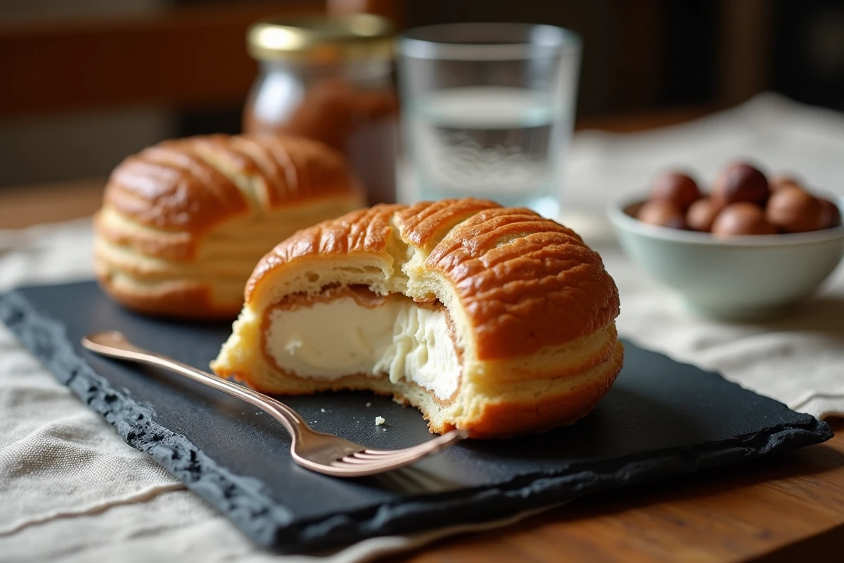 Paris-Brest maison avec crème mousseline praliné légère servi sur ardoise dans un cadre de repas convivial