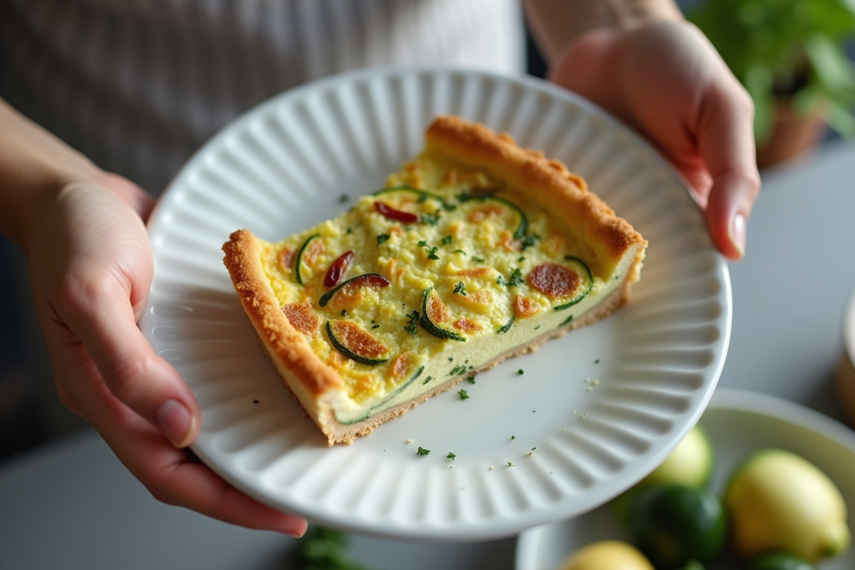 Personne servant une tranche de quiche zucchini sur une assiette blanche
