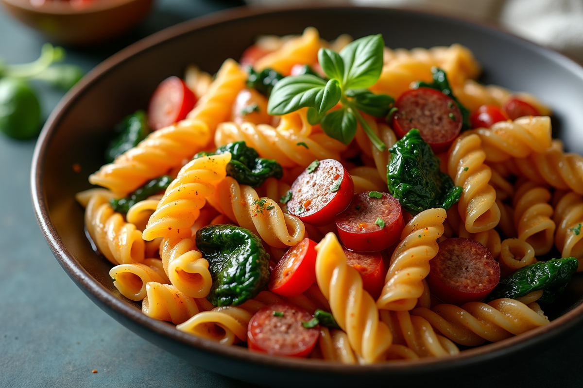 Bol de pâtes avec chorizo poivrons et épinards en gros plan
