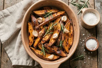 Patates douces rôties à l'ail et au romarin dans un plat en céramique rustique, vue de dessus