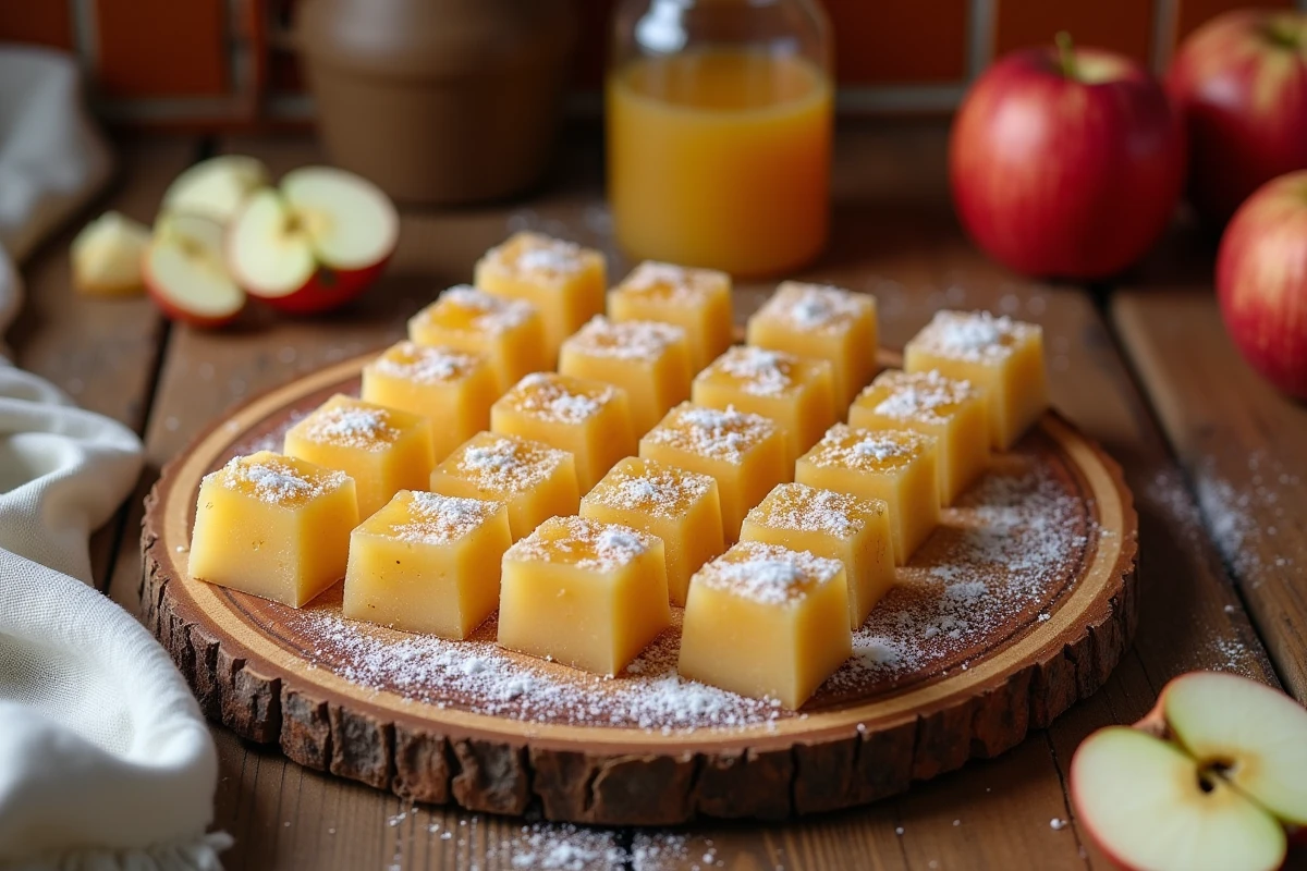 Pâtes de fruits à la pomme sans gélatine découpées en carrés et enrobées de sucre cristallisé, disposées sur une planche en bois rustique dans une cuisine artisanale