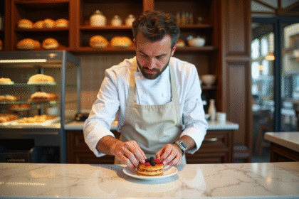 Chef pâtissier français décorant une pâtisserie à Paris