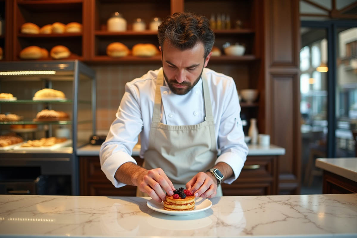 Chef pâtissier français décorant une pâtisserie à Paris