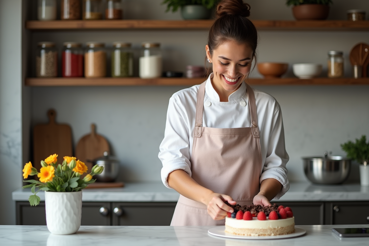 Jeune cheffe pâtissière décorant un gâteau aux fruits