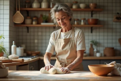 Femme en tablier pétrissant la pâte dans la cuisine
