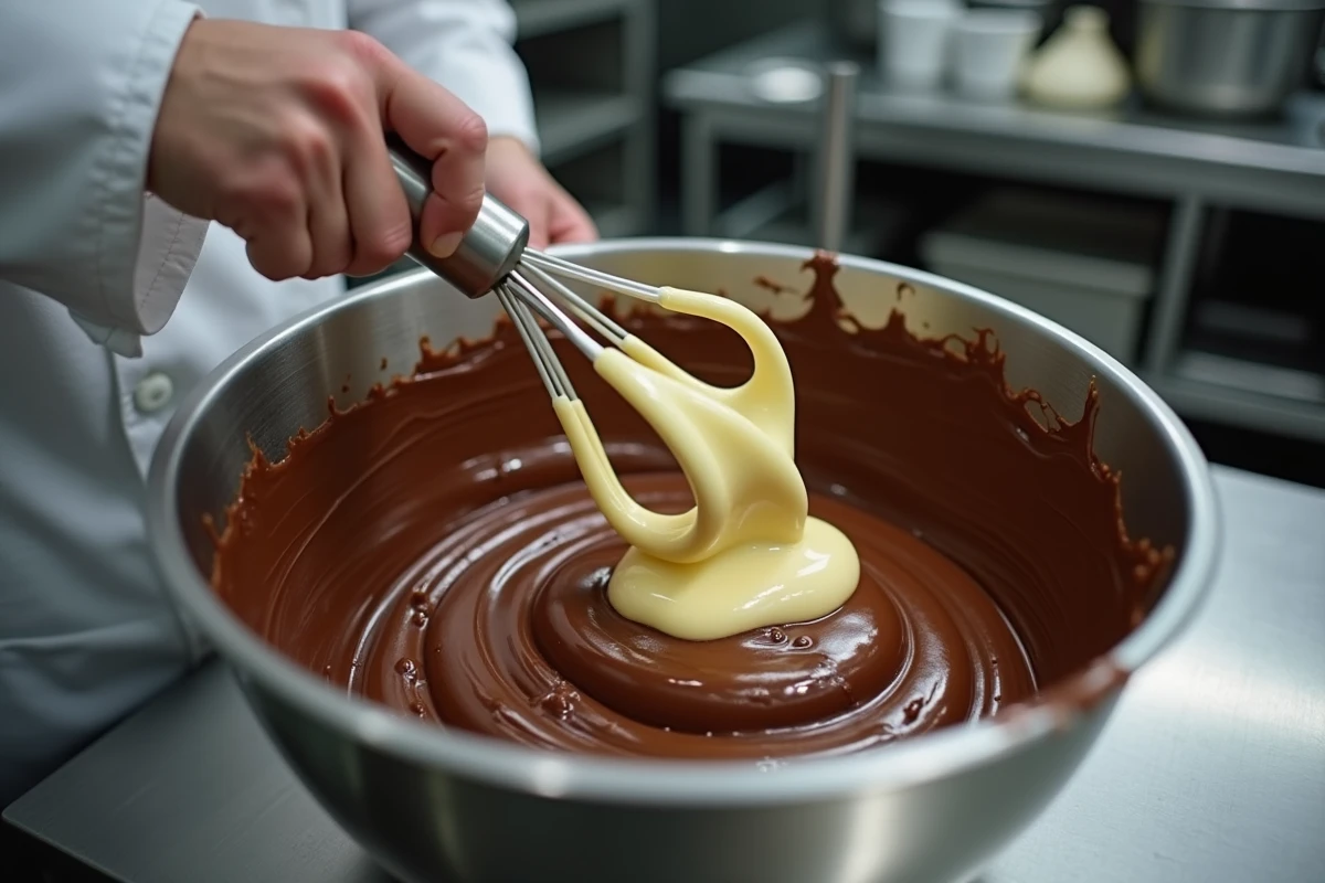 Chef pâtissier incorporant la pâte à bombe dans le chocolat fondu avec un fouet dans un bol en acier inoxydable en cuisine professionnelle