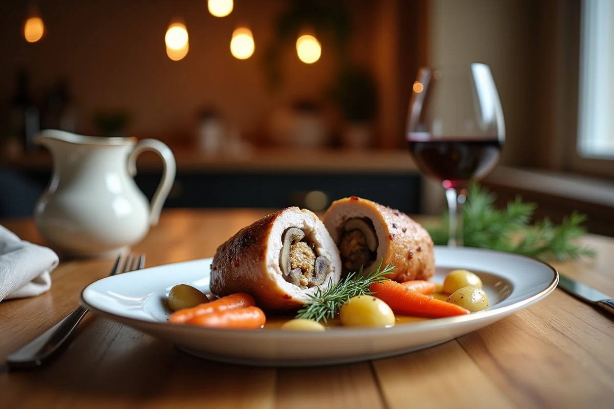 Assiette de service avec paupiettes de porc cuites au four coupées et garniture de légumes rôtis