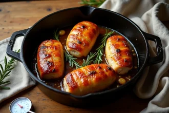 Paupiettes de porc dorées dans un plat en fonte au four avec herbes aromatiques et sauce